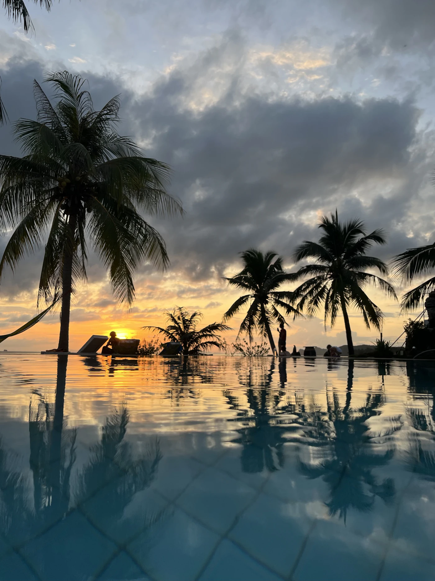 Thailand sunset and tropical palms reflected in a swimming pool